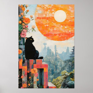 Póster Gato negro divertido disfrutando de la luna llena