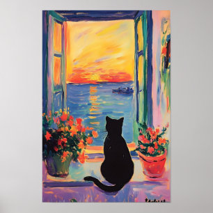Póster Gato negro divertido disfrutando del atardecer