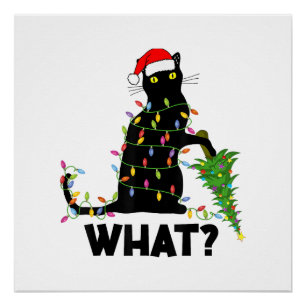 Póster Gato negro divertido empujando el árbol de Navidad