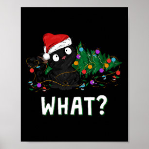 Póster Gato negro divertido empujando el árbol de Navidad