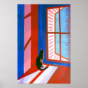 Póster Gato negro divertido en la ventana