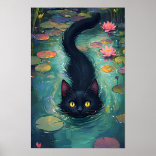 Póster Gato negro divertido está nadando