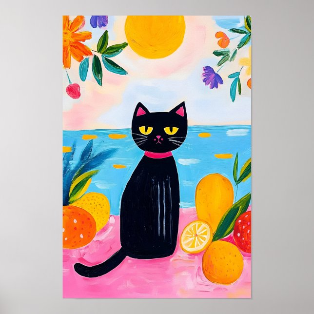 Póster Gato negro divertido fruta fresca y mar (Frente)