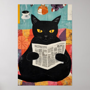Póster Gato negro divertido leyendo periódico