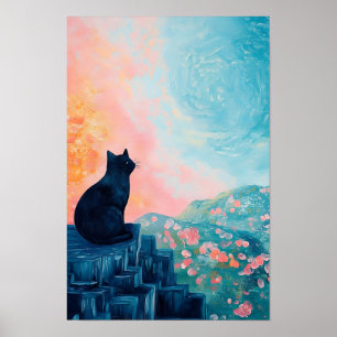 Póster Gato negro divertido plátano y jarrón de flores 