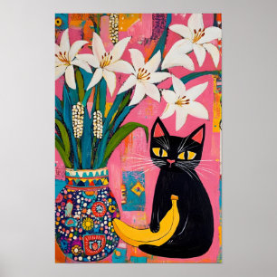 Póster Gato negro divertido plátano y jarrón de flores 