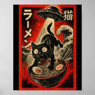 Póster Gato Negro Divertido Ramen Alien Ufo Abducción Jap