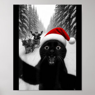 Póster Gato negro divertido selfie con Santa Navidad homb