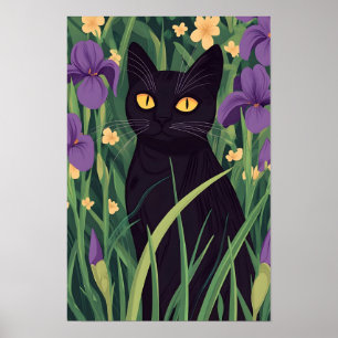 Póster Gato negro divertido y flor hermosa