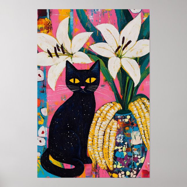 Póster Gato negro divertido y jarrón de flores  (Frente)