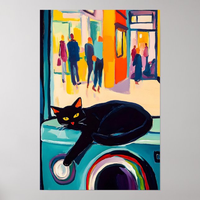 Póster Gato negro divertido y lavadora (Frente)