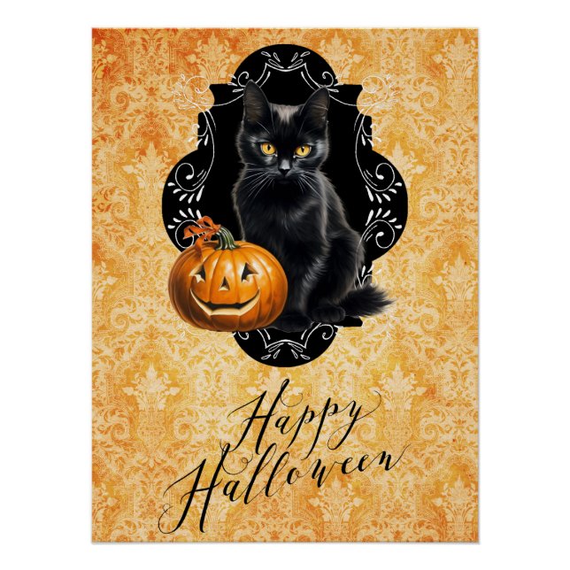 Póster Gato negro dulce de Halloween y calabaza (Anverso)