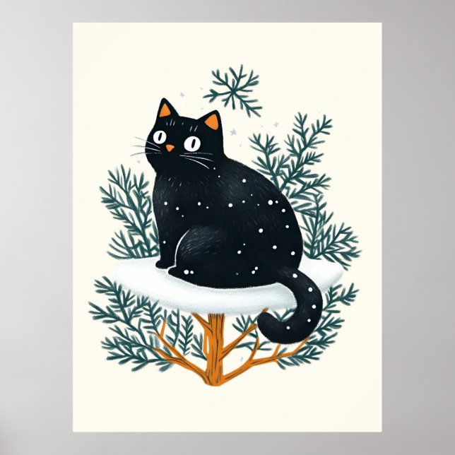 Póster Gato negro en el árbol de Navidad (Frente)