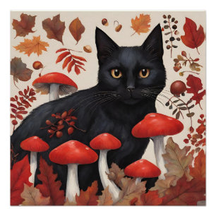 Póster Gato negro en el bosque de otoño