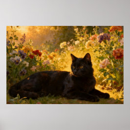 Póster Gato Negro en las Flores I