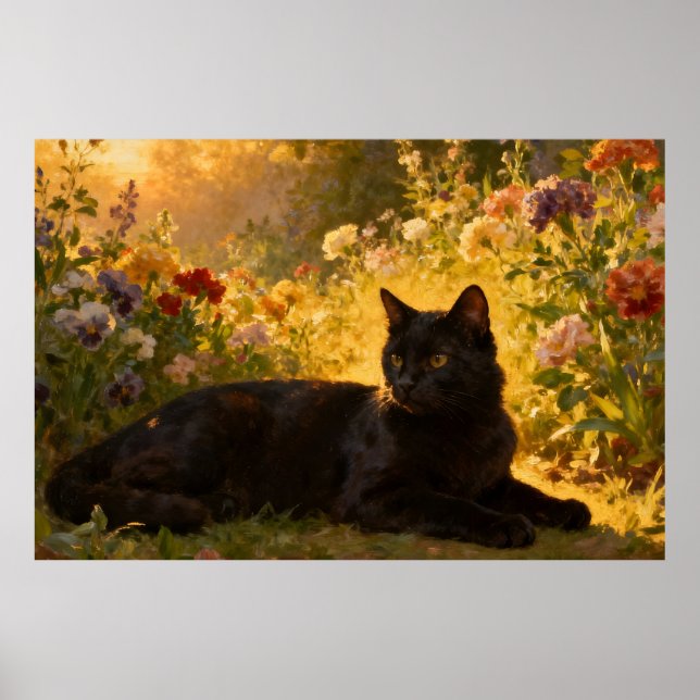 Póster Gato Negro en las Flores I (Frente)