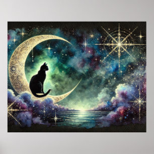 Póster Gato negro en luna creciente con cielo estrellado