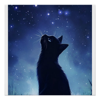 Póster Gato negro en mágico prado estelar