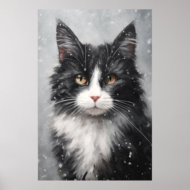 Póster Gato negro en poster de nieve (Frente)
