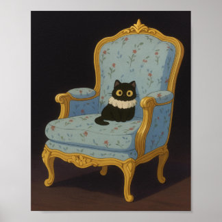Póster Gato negro en sillón floral azul