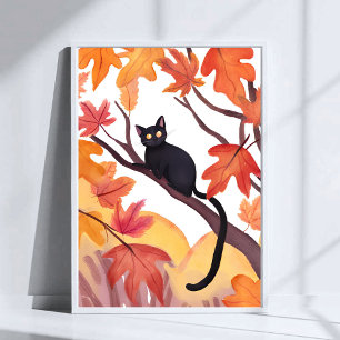 Póster Gato negro en un árbol Otoño Espeluznante Lindo