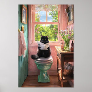 Póster Gato negro en un asiento de baño papeles de lectur