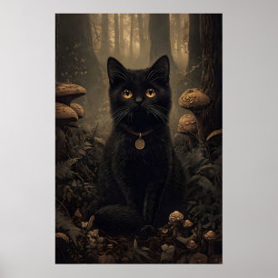 Póster Gato negro en un bosque oscuro de otoño con hongos