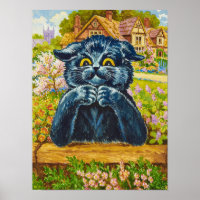 Gato negro en un jardín de Louis Wain