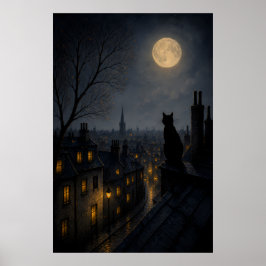 Póster Gato negro en un tejado sobre una ciudad dormida