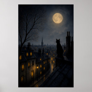 Póster Gato negro en un tejado sobre una ciudad dormida