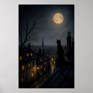 Póster Gato negro en un tejado sobre una ciudad dormida
