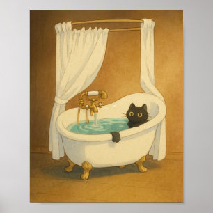 Póster Gato negro en una imagen de Baño en pie de césped