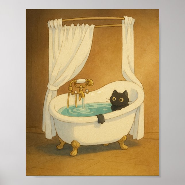 Póster Gato negro en una imagen de Baño en pie de césped (Frente)