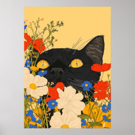 Póster Gato Negro Escondido Entre Flores
