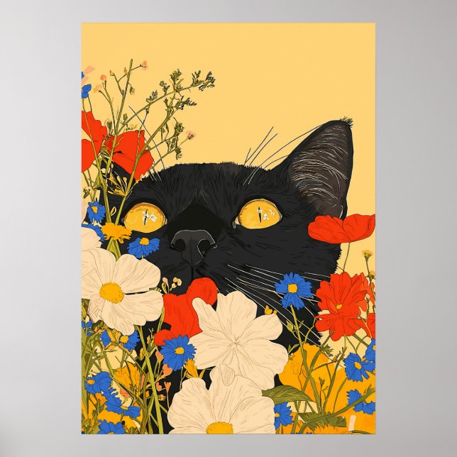 Póster Gato Negro Escondido Entre Flores (Frente)