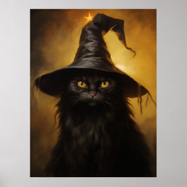 Póster Gato negro espeluznante con Gorra de bruja