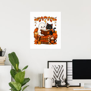 Póster Gato negro fantasma lindo leyendo libro otoño