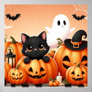 Póster Gato negro, fantasma y linternas Jack-O