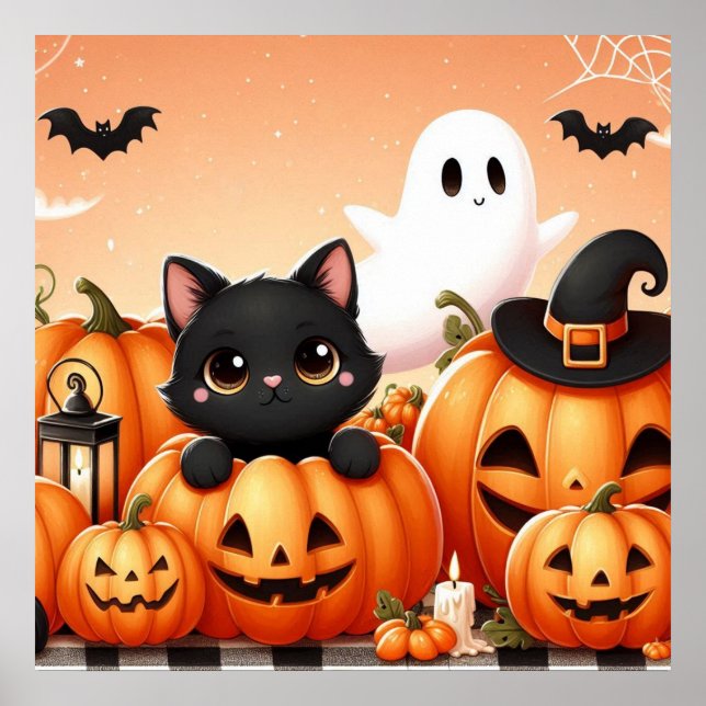 Póster Gato negro, fantasma y linternas Jack-O (Frente)