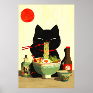 Póster Gato negro feliz comiendo ramen   Ukiyo-e japonés