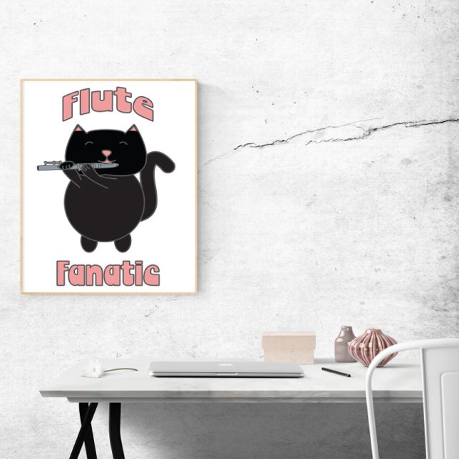 Póster Gato negro flautista (A poster of a black cat playing the flute with the words flute fanatic.)