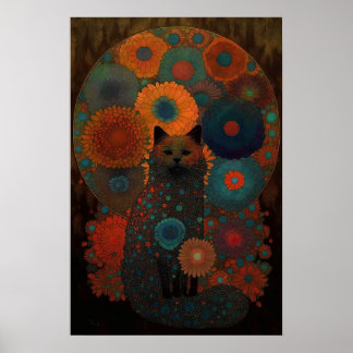 Póster Gato negro floral con diseño luminoso de sombras