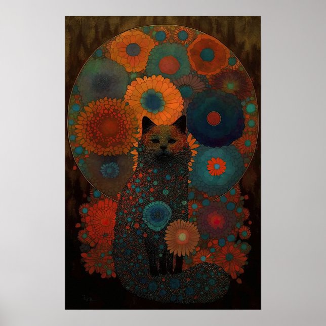 Póster Gato negro floral con diseño luminoso de sombras (Frente)