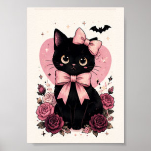 Póster Gato negro floral de rosa con lazo rosa