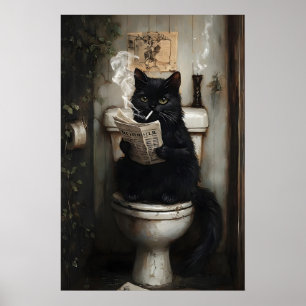 Póster Gato negro fumando leyendo periódico en el inodoro