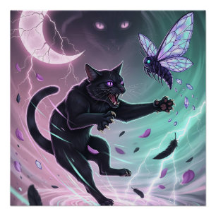Póster Gato negro furioso Pastel Goth y polilla mística