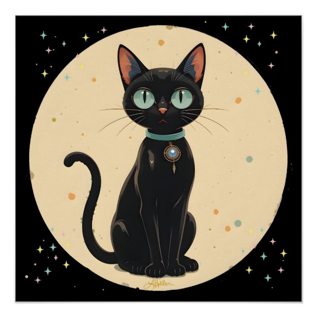 Póster Gato negro futurista atómico Luna (Anverso)