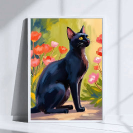 Póster Gato Negro | Gatito Mascota Acuarela Flores Pintad