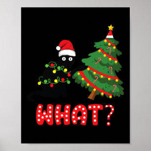 Póster Gato negro gracioso que presiona el árbol de Navid