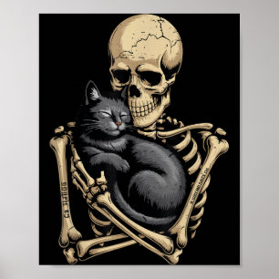 Póster Gato Negro Halloween Esqueleto Abrazando Gato Dive